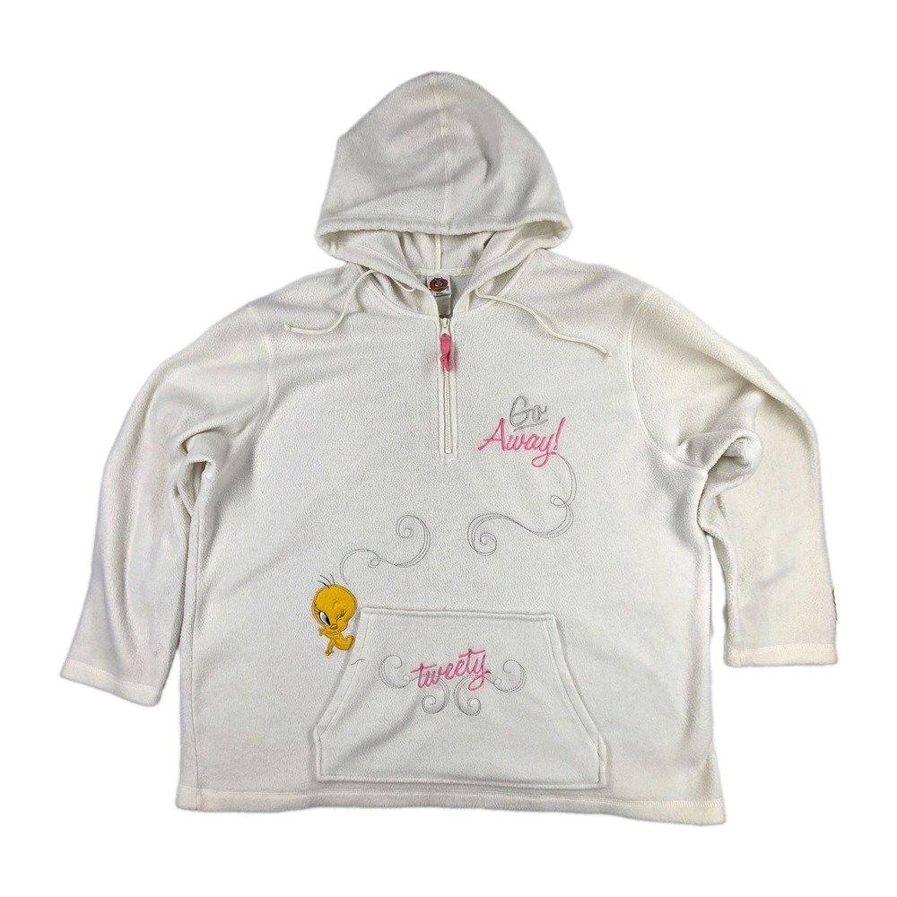 Vintage 2005 Looney Tunes Tweety Bird Fleece Hoodie Womens XL? 26/28 Ivory Cream